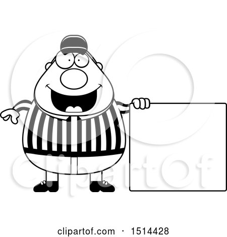 Clipart of a Black and White Chubby Male Referee by a Blank Sign - Royalty Free Vector Illustration by Cory Thoman