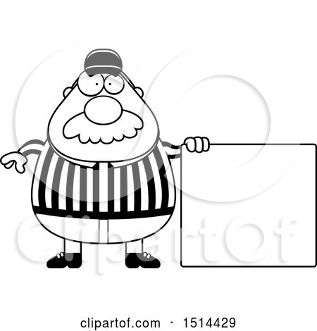 Clipart of a Black and White Chubby Male Referee with a Mustache, Standing by a Sign - Royalty Free Vector Illustration by Cory Thoman