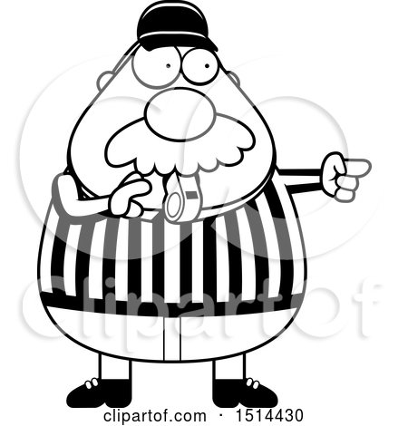 Clipart of a Black and White Chubby Male Referee with a Mustache, Blowing a Whistle - Royalty Free Vector Illustration by Cory Thoman