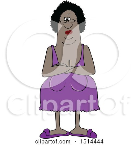 Clipart of a Cartoon Black Woman in Her Night Gown, Standing with Folded Arms - Royalty Free Vector Illustration by djart