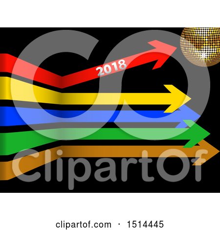 Clipart of a 3d Gold Disco Ball with Colorful Arrows, One Pointing up with New Year 2018 on Black - Royalty Free Vector Illustration by elaineitalia