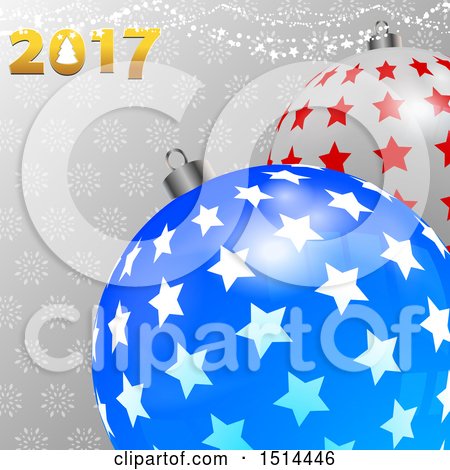 Clipart of 3d Starry Christmas Bauble Ornaments with 2017 over Snowflakes and Stars - Royalty Free Vector Illustration by elaineitalia