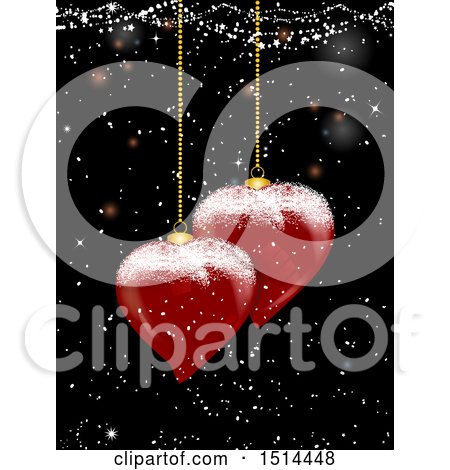 Clipart of 3D Heart Shaped Christmas Ornaments Suspended over Snow on Black - Royalty Free Vector Illustration by elaineitalia