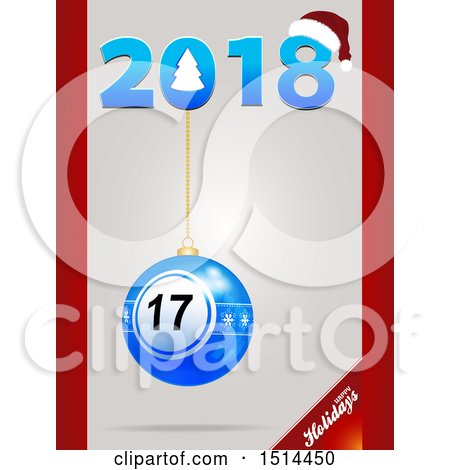 Clipart of a Suspended Lottery or Bingo Ball Christmas Ornament with 2018 Happy Holidays Text - Royalty Free Vector Illustration by elaineitalia