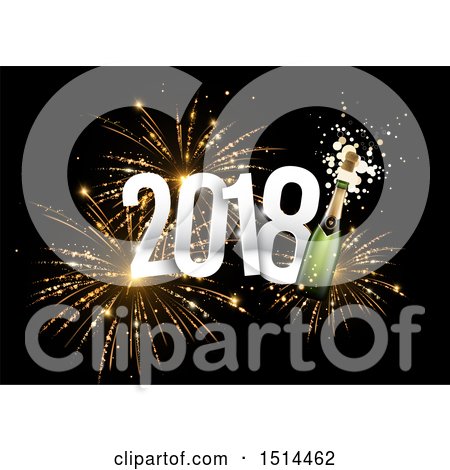 Clipart of a 3d New Year 2018 and Champagne Bottle over Fireworks - Royalty Free Vector Illustration by beboy