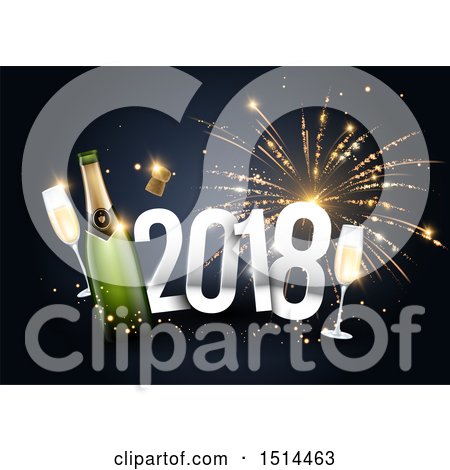 Clipart of a 3d New Year 2018 and Champagne over Fireworks - Royalty Free Vector Illustration by beboy
