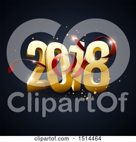 Clipart of a 3d Golden New Year 2018 Design with a Red Ribbon and Sparkles on Dark Blue - Royalty Free Vector Illustration by beboy