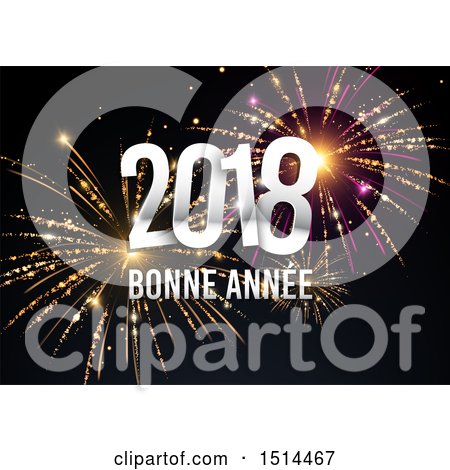 Clipart of a 3d French Bonne Annee Happy New Year 2018 Greeting over Fireworks - Royalty Free Vector Illustration by beboy
