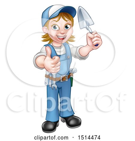 Clipart of a Full Length White Female Mason Worker Holding a Trowel and Giving a Thumb up - Royalty Free Vector Illustration by AtStockIllustration