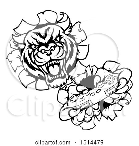 Clipart of a Black and White Tiger Mascot Playing a Video Game - Royalty Free Vector Illustration by AtStockIllustration