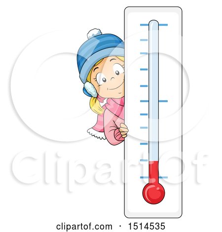 Clipart of a Winter Girl Peeking Around a Thermometer - Royalty Free Vector Illustration by BNP Design Studio