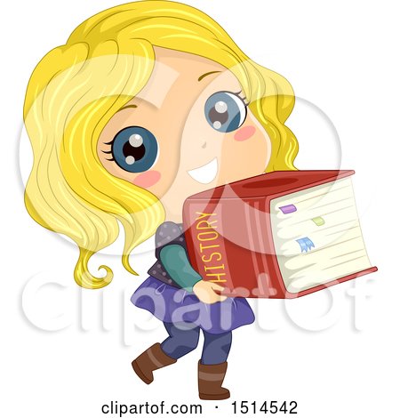 Clipart of a Blond School Girl Carrying a Giant History Book - Royalty Free Vector Illustration by BNP Design Studio