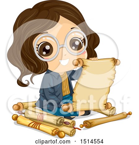 Clipart of a Brunette Girl Reading an Old Scroll - Royalty Free Vector Illustration by BNP Design Studio
