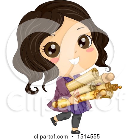 Clipart of a Girl Carrying Old Scrolls - Royalty Free Vector Illustration by BNP Design Studio