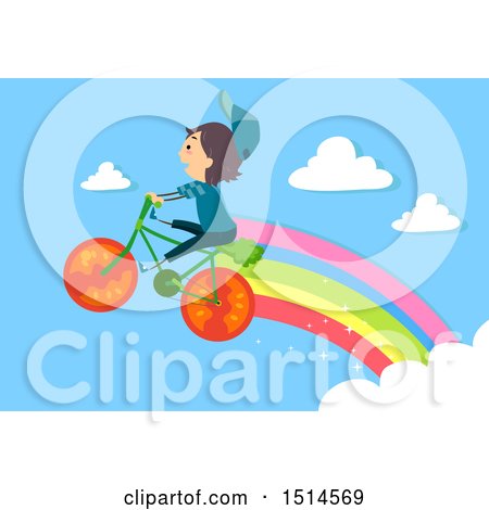 Clipart of a Boy Riding and Flying on a Vegetable Bike, with a Rainbow Trail - Royalty Free Vector Illustration by BNP Design Studio