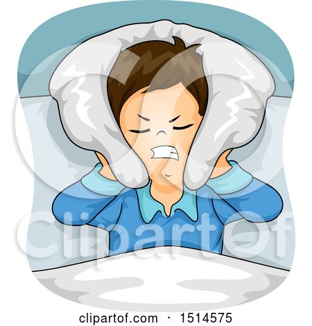 Clipart of a Boy Covering His Ears with a Pillow - Royalty Free Vector Illustration by BNP Design Studio