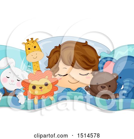 Clipart of a Sleeping Boy Tucked in with Stuffed Animals - Royalty Free Vector Illustration by BNP Design Studio