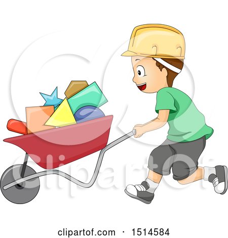 Clipart of a Boy Pushing Shapes in a Wheelbarrow - Royalty Free Vector Illustration by BNP Design Studio