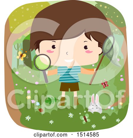Clipart of a Happy Boy Holding a Magnifying Glass and Bug Net in the Woods - Royalty Free Vector Illustration by BNP Design Studio