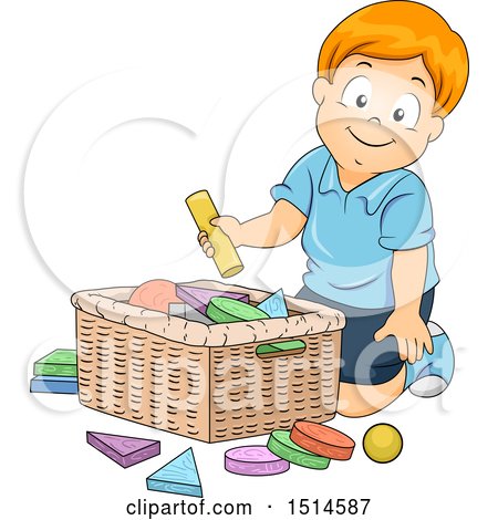 Clipart of a Boy Putting Shapes in a Basket - Royalty Free Vector Illustration by BNP Design Studio