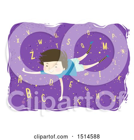 Clipart of a Happy Boy Floating and Surrounded by Alphabet Letters - Royalty Free Vector Illustration by BNP Design Studio