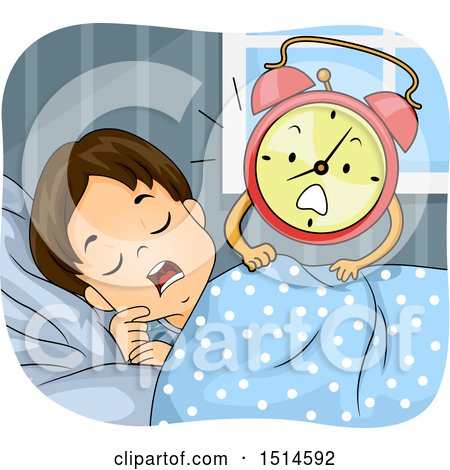Clipart of a Brunette Boy Being Woken up by an Alarm Clock Mascot - Royalty Free Vector Illustration by BNP Design Studio