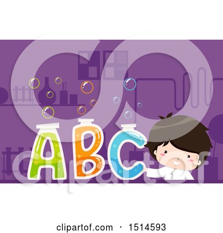 Clipart of a Boy Scientist with Bubbly Alphabet Letter Test Tubes - Royalty Free Vector Illustration by BNP Design Studio