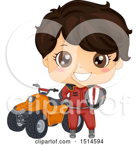 Clipart of a Brunette Racer Boy Standing by a Quad - Royalty Free Vector Illustration by BNP Design Studio
