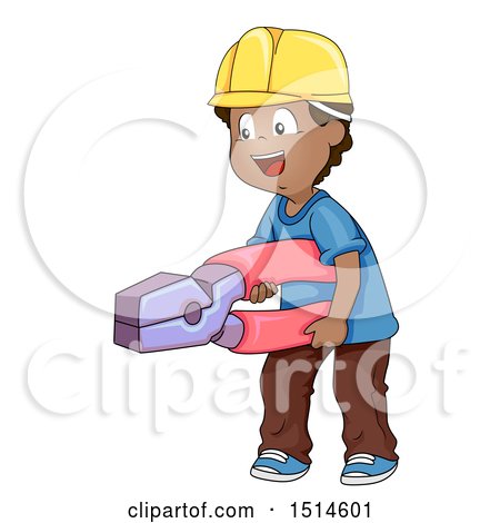 Clipart of a Happy Boy Wearing a Hard Hat and Holding Giant Pliers - Royalty Free Vector Illustration by BNP Design Studio