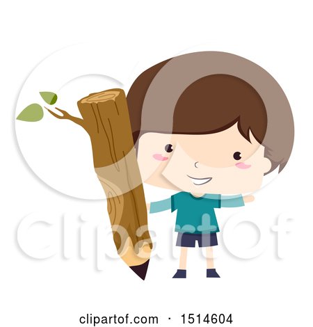 Clipart of a Happy Boy Holding a Tree Branch Pencil - Royalty Free Vector Illustration by BNP Design Studio