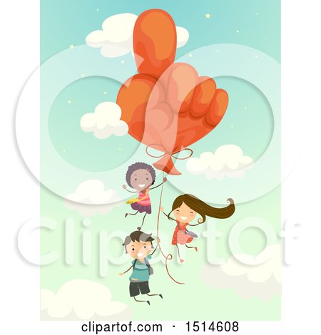 Clipart of a Group of Children Floating with a Hand Balloon - Royalty Free Vector Illustration by BNP Design Studio