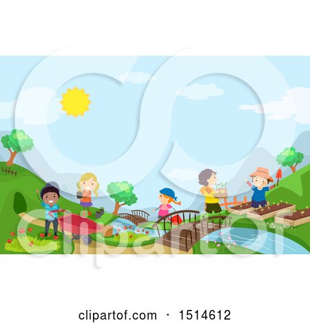 Clipart of a Group of Children Gardening - Royalty Free Vector Illustration by BNP Design Studio