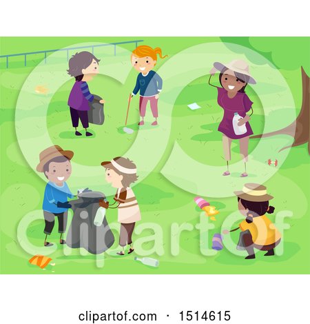 Clipart of a Group of Children Picking up Litter in a Park - Royalty Free Vector Illustration by BNP Design Studio
