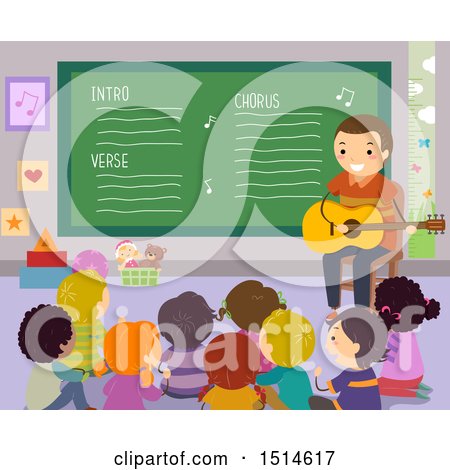 Clipart of a Teacher Playing a Guitar to Students in Class - Royalty Free Vector Illustration by BNP Design Studio