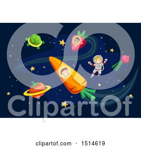 Clipart of a Group of Children in Outer Space, with Vegetable Planets - Royalty Free Vector Illustration by BNP Design Studio