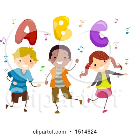 Clipart of a Group of Children Dancing with Music Notes and Abc Letters - Royalty Free Vector Illustration by BNP Design Studio