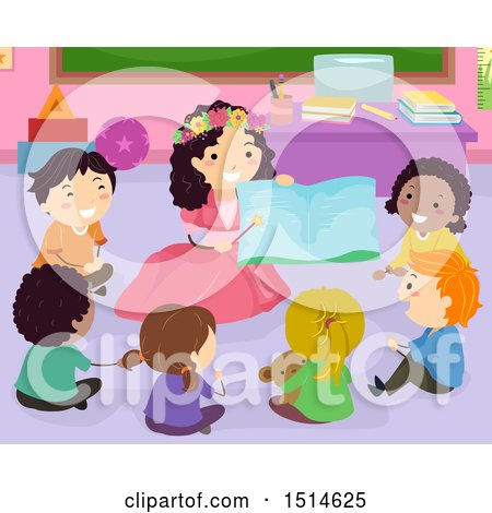 Clipart of a Group of Children Sitting Around a Female Teacher Reading in a Fairy Costume - Royalty Free Vector Illustration by BNP Design Studio
