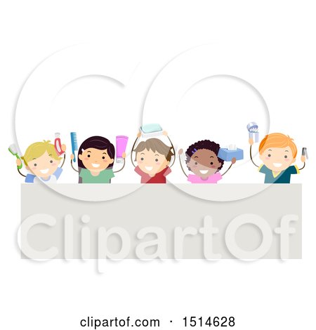 Clipart of a Group of Children Holding up Hygiene Products over a Sign - Royalty Free Vector Illustration by BNP Design Studio