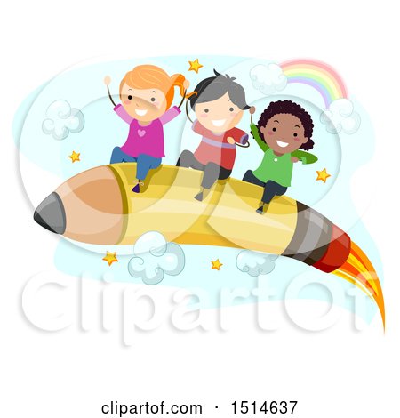 Clipart of a Group of Children Riding a Pencil Rocket - Royalty Free Vector Illustration by BNP Design Studio
