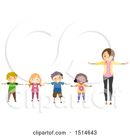 Clipart of a Teacher and Children Holding Their Arms up at Their Sides - Royalty Free Vector Illustration by BNP Design Studio