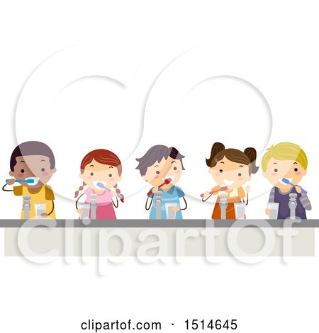 Clipart of a Group of Children Brushing Their Teeth - Royalty Free Vector Illustration by BNP Design Studio