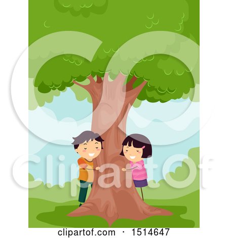 Clipart of a Boy and Girl Hugging a Tree - Royalty Free Vector Illustration by BNP Design Studio