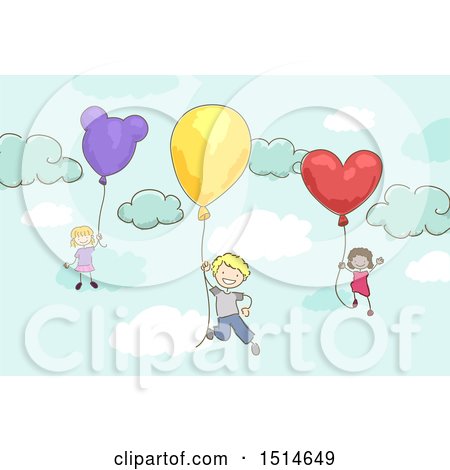 Clipart of a Group of Children Floating with Balloons - Royalty Free Vector Illustration by BNP Design Studio