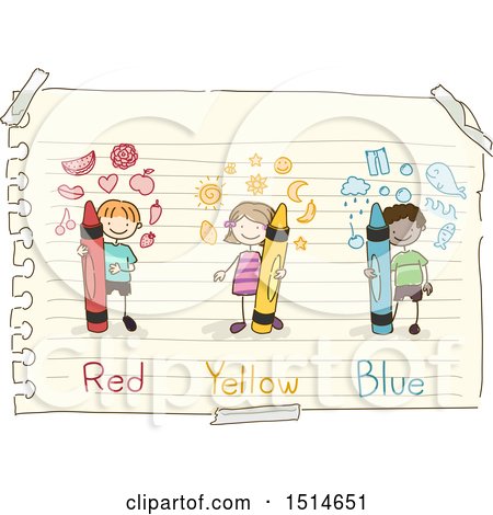 Clipart of a Sketched Group of Children with Red Yellow and Blue Crayons on Note Paper - Royalty Free Vector Illustration by BNP Design Studio