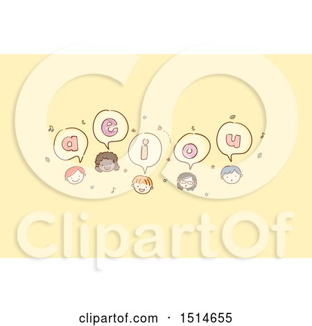 Clipart of a Sketched Group of Child Faces with Vowels - Royalty Free Vector Illustration by BNP Design Studio