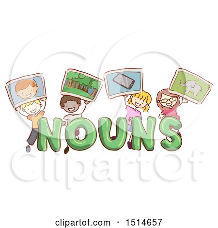Clipart of a Sketched Group of Children Holding up Pictures of Nouns - Royalty Free Vector Illustration by BNP Design Studio