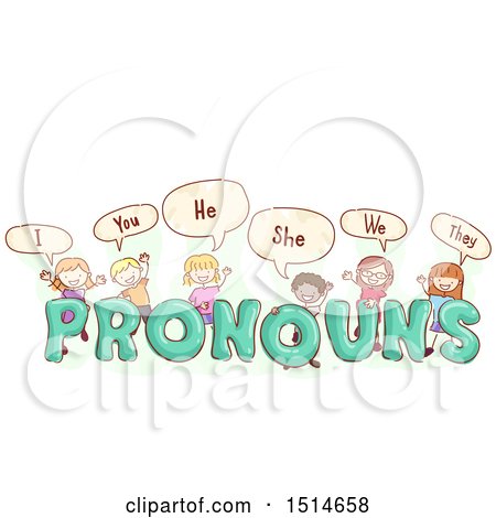 Clipart of a Sketched Group of Children Saying Pronouns - Royalty Free Vector Illustration by BNP Design Studio