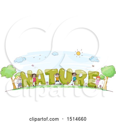 Clipart of a Sketched Group of Children with the Word Nature - Royalty Free Vector Illustration by BNP Design Studio
