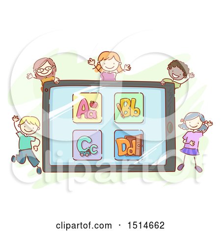 Clipart of a Sketched Group of Children Around a Tablet with Alphabet Letters - Royalty Free Vector Illustration by BNP Design Studio