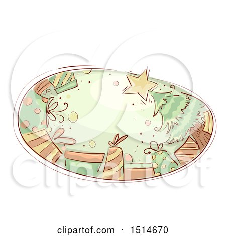 Clipart of a Sketched Oval with a Christmas Tree and Presents - Royalty Free Vector Illustration by BNP Design Studio